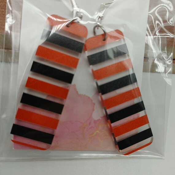 Striped Orange & Black Rectangle Dangle Stud Earr… - image 3