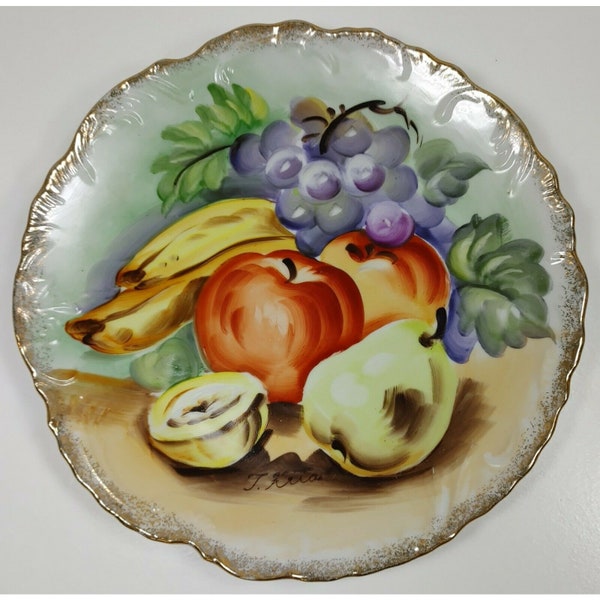 Vintage Hand Painted Fruit Design Gold Rim Scalloped Edge Salad Dessert Plate