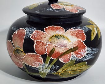 Couvercle de bocal en céramique noire peint à la main, motif floral rose et vert Fredrick Cooper