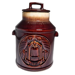 McCoy USA 7019 vintage koekjestrommel bus bruin drip 1976 Liberty Bell Old Milk