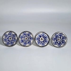 Home Decor Unique Ceramic Knobs Pulls for Kitchen Dresser Blue Floral Lot of 4