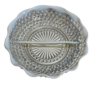 Moonstone Pattern Glass Ruffled Divided Relish with Opalescent Blue Hobnail VTG