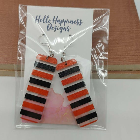Striped Orange & Black Rectangle Dangle Stud Earr… - image 1