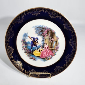Vintage Porcelain Decorative Plate With Romantic Scene & Gold Gilded Blue Border