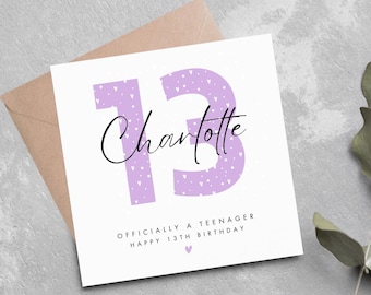 Tarjeta de cumpleaños número 13 personalizada, tarjeta para adolescentes, oficialmente adolescente, 13 cumpleaños, tarjeta de cumpleaños con nombre y edad, decimotercer cumpleaños
