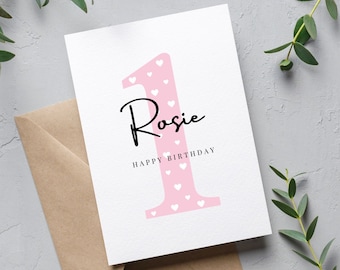 Tarjeta de primer cumpleaños personalizada, Tarjeta de primer cumpleaños, Tarjeta de cumpleaños con nombre personalizado, Tarjeta de primer cumpleaños para niñas, Tarjeta de primer cumpleaños para niños