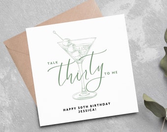 Tarjeta personalizada de 30 cumpleaños para ella: divertida tarjeta de cóctel "Talk Thirty to Me" (divertida tarjeta moderna de 30 cumpleaños)