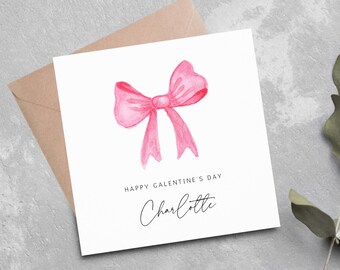 Tarjeta personalizada de San Valentín para el Día de Galentine para tu mejor amiga: Tarjeta de San Valentín con lazo rosa.
