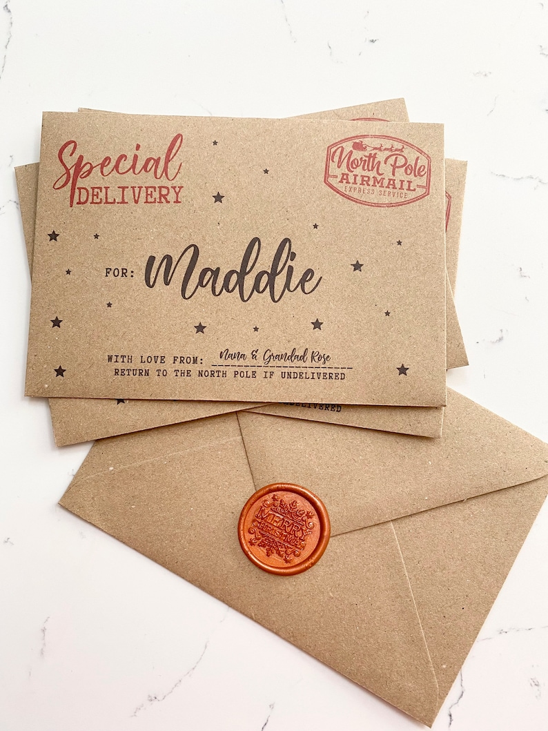 May include: A brown paper envelope with a red wax seal and a red stamp that says "North Pole Airmail Express Service". The envelope is addressed to "Maddie" and says "Special Delivery" with a star pattern. The text "With love from: Nana & Grandad Rose" and "Return to the North Pole if undelivered" is also on the envelope.
