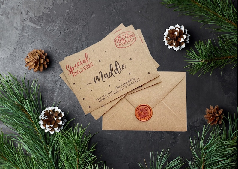 May include: A brown kraft paper envelope with a red wax seal. The envelope is addressed to "Maddie" with the text "Special Delivery" and "North Pole Airmail" printed on it.