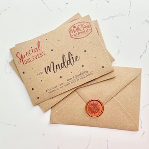 May include: A brown paper envelope with a red wax seal and a handwritten note that says "Special Delivery" for "Maddie" with a red star design. The note says "With love from:  Santa & Granded Elves. Return to the North Pole if undelivered."