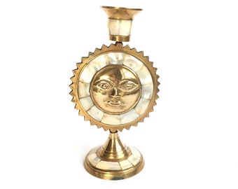 Sun Face Candlestick CandleHolder Brass Mother of Pearl Vintage Altar Decor Goddess Celestial Wiccan Pagan Witch Boho Sun Protection