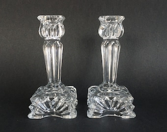 Elegant Pair of Clear Crystal Glass Candlesticks Vintage Ernst Buder Art Deco Sunburst Candle Holders 1930s Vanity Dressing Table Wedding