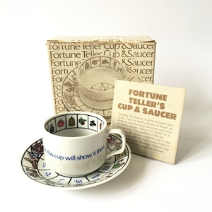 Tazza e piattino per la predizione del futuro, in scatola con istruzioni, Lettura delle foglie di tè, Tasseografia divinatoria, Tasseomanzia vintage Knobler, Tazza da tè, Scrying