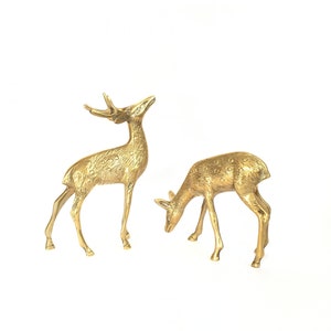 Vintage Brass Deer Pair Doe Buck Set Brass Stag Antlers Reindeer MCM Ornaments Figurines Yule Altar Decor Cottagecore Boho Office Christmas