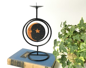 vintage soleil lune double face métal noir et bois bougeoir bougeoir croissant de lune décor céleste autel païen wicca sorcellerie
