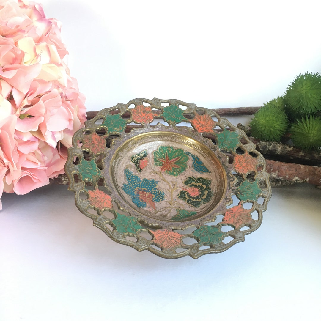 Vintage Brass Enamel Cottagecore Pedestal Dish Filigree Floral Altar ...