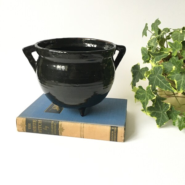 Large Black Pottery Cauldron Studio Ceramic 7"x5" Black Glaze Two Handled Three Footed Altar Pot Spellwork Pagan Wiccan Ritual Magic Vintage