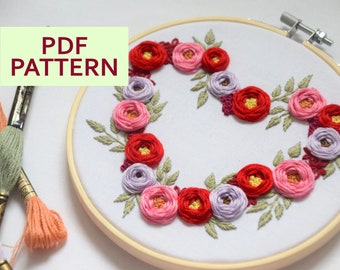 Heart Wreath Embroidery Pattern PDF for Download, English + German Floral Embroidery 3D Design, Manual for Beginners