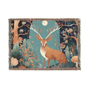 Woven Blanket, Woodland Deer Tapestry Throw, Nature Lover Home Decor, Cozy Cabin Bedding, Holiday Gift Idea