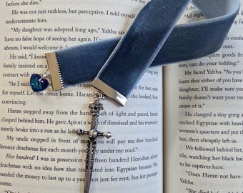 Blue Velvet Ribbon Bookmark with Silver Sword and Crystal – Enchanted Reading Gift