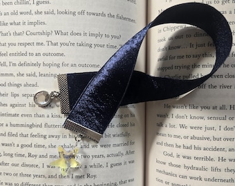 Iridescent Star Midnight Blue Velvet Ribbon Bookmark, Jewel Charm