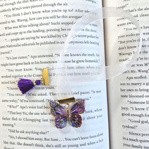 Gold Butterfly Purple Tassle Ribbon Bookmark, Ribbon Bookmark Jewel, Book Accessory, gift for mom, Birthday Gift, Teacher Gift, Gift for Her