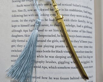 Gold Sword Bookmark with Blue Tassel: Medieval Style Book Lover Gift, Unique Bookmarks