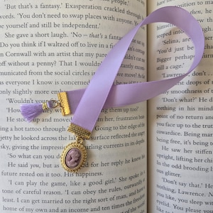 Victorian Cameo Ribbon Bookmark: Gold Tassel, Purple Jewel