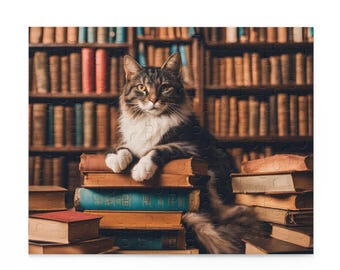 May include: A tabby cat with white paws and a white chest sits on a stack of old books in front of a bookshelf filled with books. The cat is looking directly at the camera.
