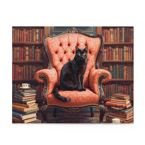 Black Cat Library Jigsaw Puzzle: Cozy Family Activity, Whimsigoth