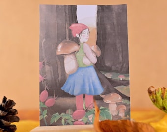 Card set autumn seasons table Waldorf, 4 postcards, Waldorf gnomes, dwarves seasons, squirrel and hedgehog, snail and mushrooms