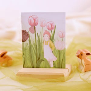 4 Postkarten Frühling, Waldorf Art Jahreszeitentisch, Tulpe, Hase, Wichtel Motiv Set, handgezeichnete Postkarte Frühling, Illustration Zwerg