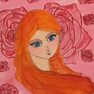 Red Haired Girl Painting with Roses acrylic