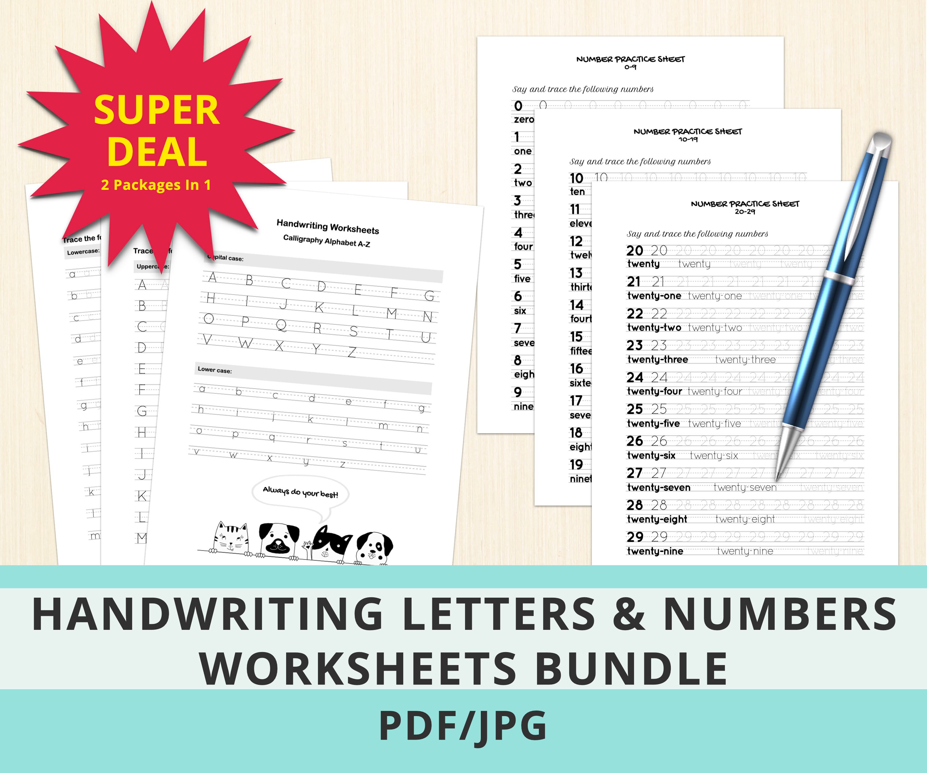printable handwriting worksheets number practice sheets etsy