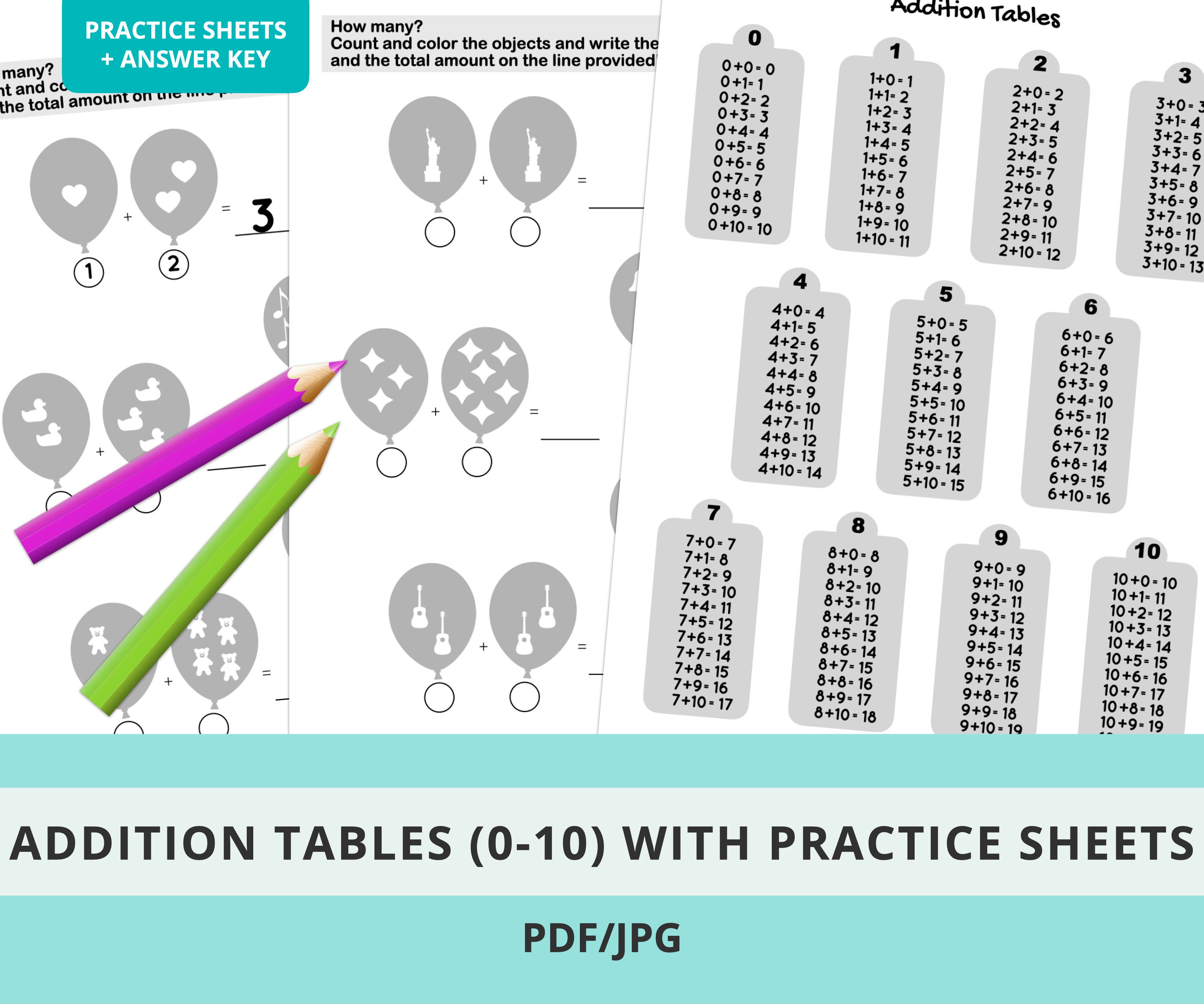 Printable Math Worksheets Bundle Addition Tables 0-10 With - Etsy UK