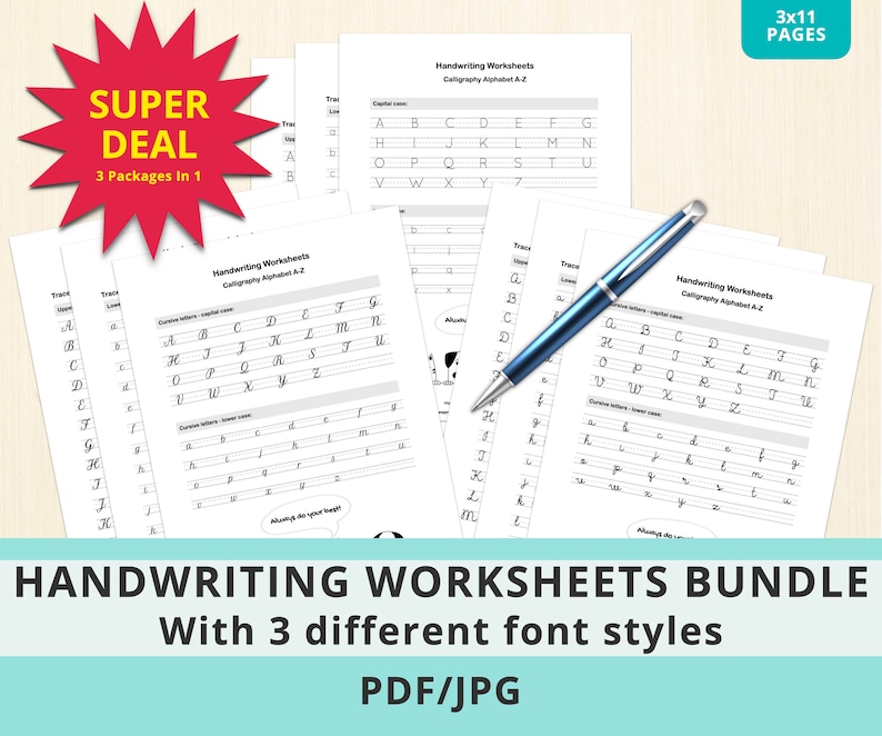 Printable Calligraphy Handwriting Worksheets Bundle With 3 - Etsy