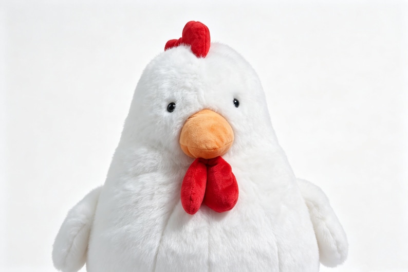 May include: A plush chicken toy featuring soft white fur, a bright orange beak, a vibrant red comb on top of its head, and two red wattles hanging below the beak. The stuffed animal has small black eyes and a rounded, plump body shape.