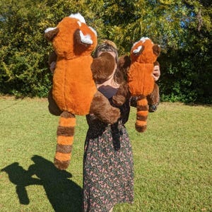 May include: A person holding two plush red panda toys. The larger toy is brown and orange with a white face and black stripes on the tail. The smaller toy is a similar colour and design but is smaller in size.