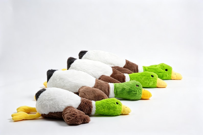 Puede incluir: Una fila de cuatro juguetes de peluche con forma de pato real dispuestos en l&iacute;nea. Cada peluche presenta una cabeza de color verde brillante, un pico amarillo, pecho blanco, alas marrones y una cola negra. Los patos est&aacute;n colocados con pies amarillos.