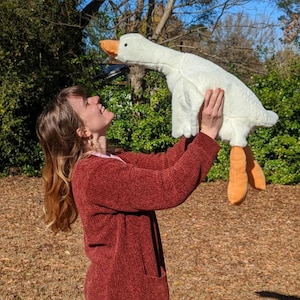 K&ouml;nnte beinhalten: Eine Frau in einem roten Cardigan h&auml;lt ein gro&szlig;es wei&szlig;es Pl&uuml;sch-G&auml;nse-Spielzeug mit orangenen F&uuml;&szlig;en. Die Gans schaut nach oben und die Frau schaut sie an.
