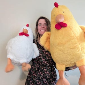 May include: Two plush chicken toys, one large yellow chicken and one smaller white chicken. Both chickens feature soft, fuzzy fabric, bright red combs and wattles, orange beaks, and orange feet. The toys are rounded in shape with wings.