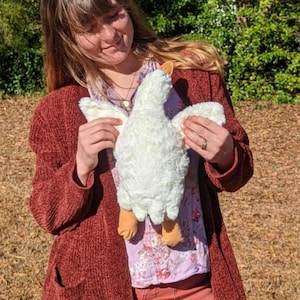 K&ouml;nnte beinhalten: Eine Person h&auml;lt ein wei&szlig;es Pl&uuml;sch-G&auml;nse-Spielzeug mit braunen F&uuml;&szlig;en. Die Gans hat ihre Fl&uuml;gel ausgebreitet. Die Person tr&auml;gt einen roten Cardigan und ein Blumenhemd.