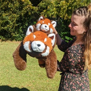 May include: A woman holds two plush red panda toys. The larger plush toy is brown with a red panda face and the smaller plush toy is red with a red panda face. The woman is wearing a black and white floral dress.