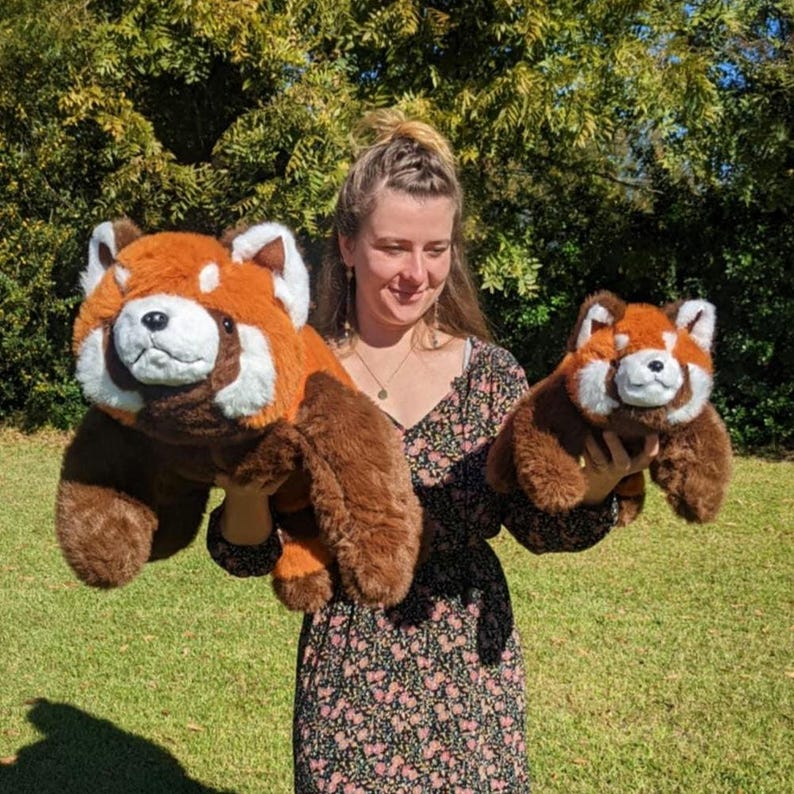 May include: A woman is holding two plush red panda toys. The larger toy is brown and orange with a white face, and the smaller toy is a similar colour but smaller in size.