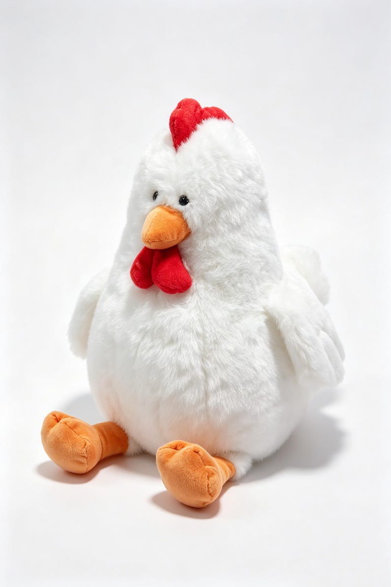 May include: A plush chicken toy featuring soft white fur, a bright red comb on top of its head, a red wattle under its orange beak, and two orange feet. The stuffed animal has small black eyes and a rounded, plump body shape in a seated position.