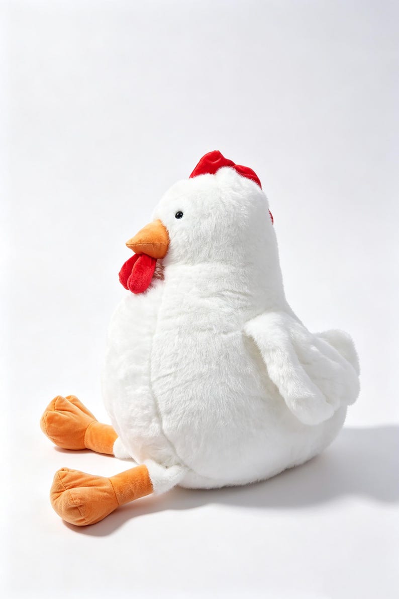 May include: A plush chicken toy featuring soft white fur, a bright red comb and wattle, an orange beak, and orange feet. The stuffed animal is depicted in a seated position with its legs extended forward, showcasing a rounded body shape.