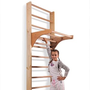 Wooden Wall Gym for Kids | Indoor Swedish Ladder with Pull-Up Bar | Adjustable Height 240 cm / 94.5 in | Natural Wood Wall Bars for Children