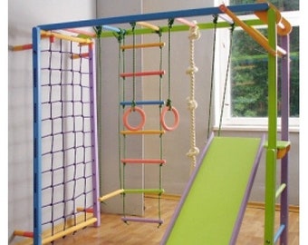 Wooden Playground for Kids with Hammock | Home Gymnastic | Indoor Gym Climbing | Children's Playground complex Climbing Net|
