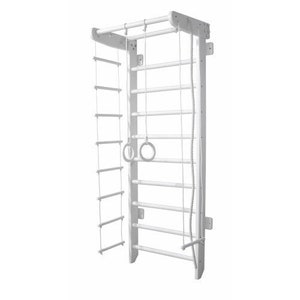 May include: White wooden wall-mounted play gym with a rope ladder, a wooden ladder, and two rings.